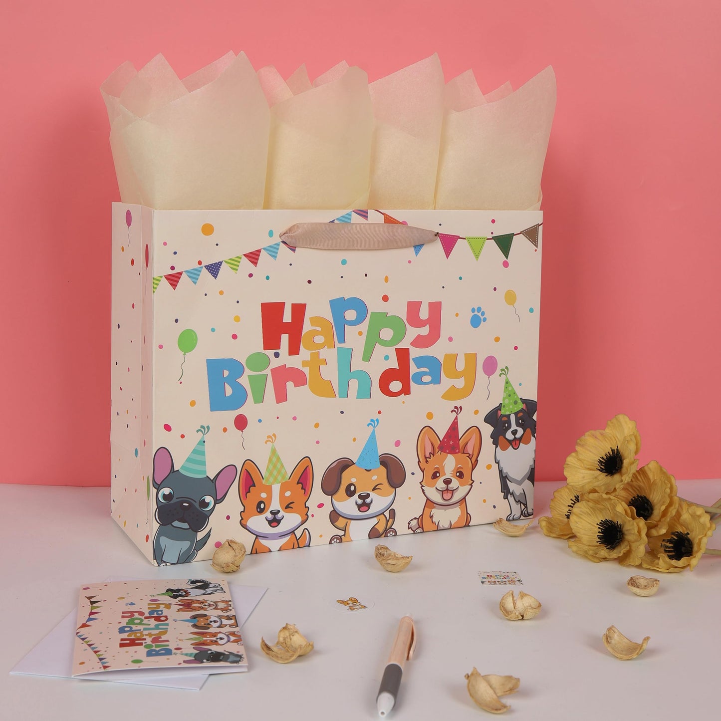 wishinside 13” Large Dog Happy Birthday Gift Bag Set with Handles, Greeting Card, Tissue Papers and Stickers for Girl Boy Kid Women Men, Cream Puppy Design, 1 Pcs
