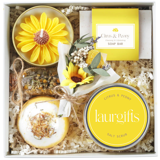 Birthday Gifts for Women – Yellow Sunshine Spa Gift Box, Luxury Bath & Self Care Package with Citrus & Peony Scent for Mom, Sister or Friend