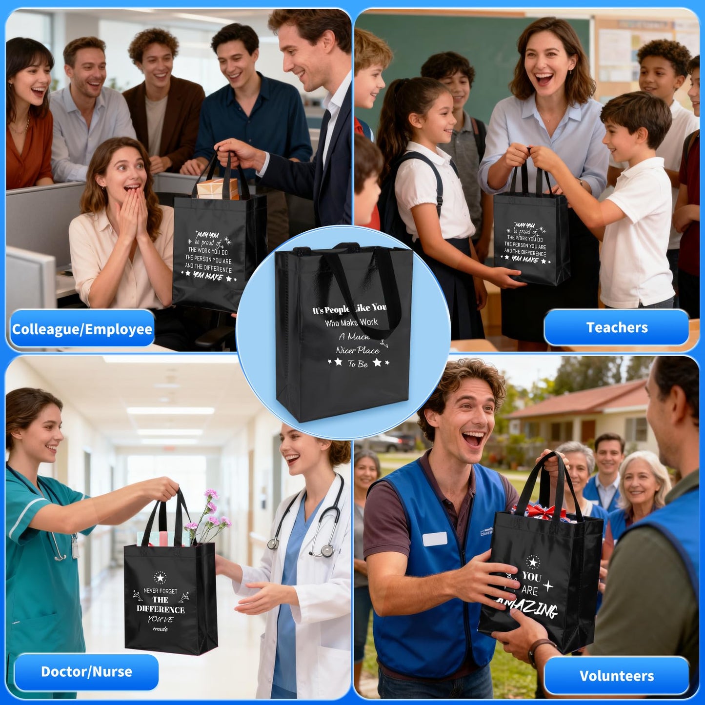 40 Pcs Reusable Gift Bags with Handles - Include 20 Iridescent Gift Bags & 20 Tissue Paper - Employee Appreciation Gifts Bulk for Staff, Team, Coworker, Teachers, Nurse, Thank You Gifts (Black)