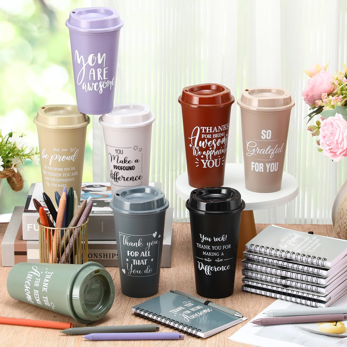 LemonRoad 36 Pcs Employee Appreciation Gifts Bulk,Administrative Professional Day Gifts Set with 16 oz Tumbler Cups,Notebooks & Pens,Thank You Teacher Nurse Staff Coworker Team Gift (Modern,Morandi)