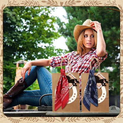 Jeere 48 Pcs Western Cowboy Gift Bags Western Theme Party Favors Cowboy Paper Goodie Handles Bags with Red and Blue Paisley Bandana Horseshoes Stickers for Rodeo Cowgirl Birthday Party Decoration