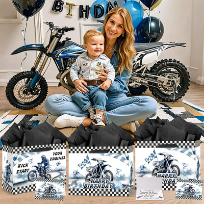 Yomaiha Dirt Bike Birthday Gift Bag for Boys Motocross Motorbike Wrapping Paper with Tissue Paper Greeting Card for Dirty Bike Birthday Party Decoration Supplies