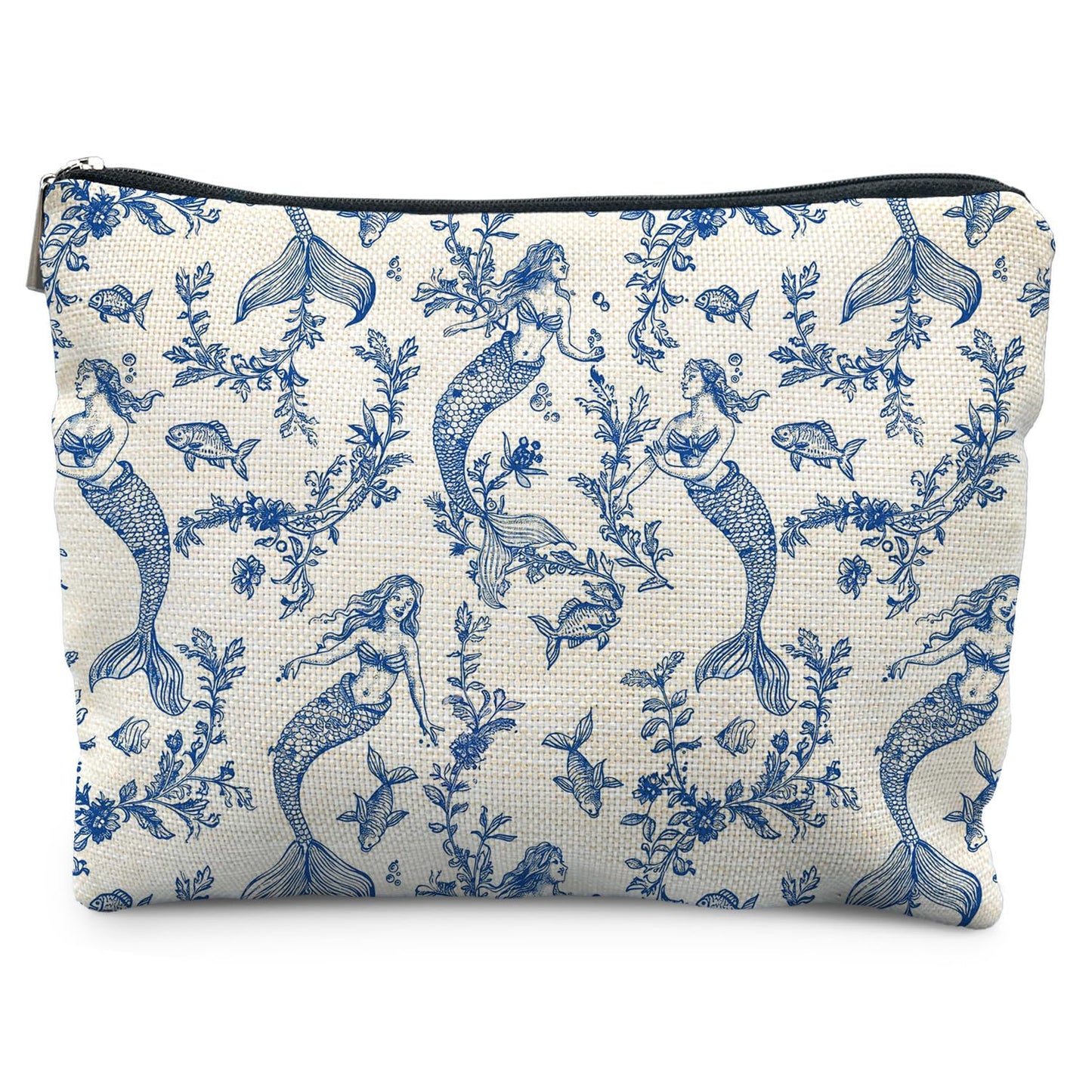 Blue Toile Mermaid Makeup Bag for Women, Mermaid Gifts for Women, Nautical Ocean Coastal Cosmetic Bag for Purse, Preppy Beachy Chinoiserie Makeup Zipper Pouch