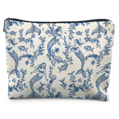 Blue Toile Mermaid Makeup Bag for Women, Mermaid Gifts for Women, Nautical Ocean Coastal Cosmetic Bag for Purse, Preppy Beachy Chinoiserie Makeup Zipper Pouch