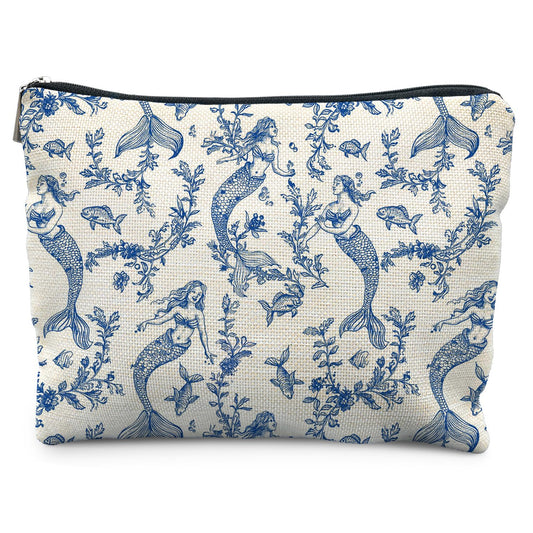 Blue Toile Mermaid Makeup Bag for Women, Mermaid Gifts for Women, Nautical Ocean Coastal Cosmetic Bag for Purse, Preppy Beachy Chinoiserie Makeup Zipper Pouch