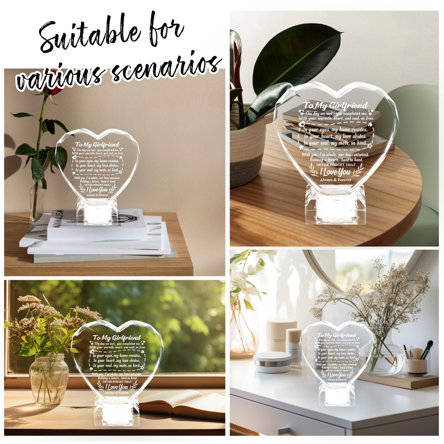 Unique Gifts for My Girlfriend, Love Crystal Gift for Girlfriend Christmas Day Birthday, Engraved Crystal Heart with Rechargeable Color-Changing LED Base, Perfect Christmas Gifts (Girlfriend)