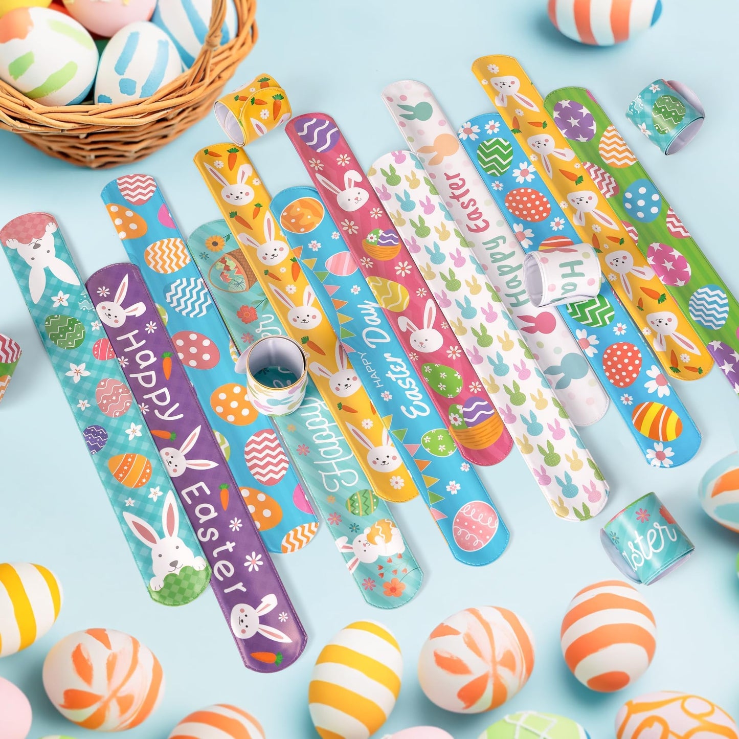 Childom 36 Pcs Easter Slap Bracelet,Easter Decorations Bracelet Decorations Gifts,Bunny Bracelets Present for Holiday Goodie Bag Stuffers,Bracelets Bulk for Birthday School Classroom Prizes Outdoor