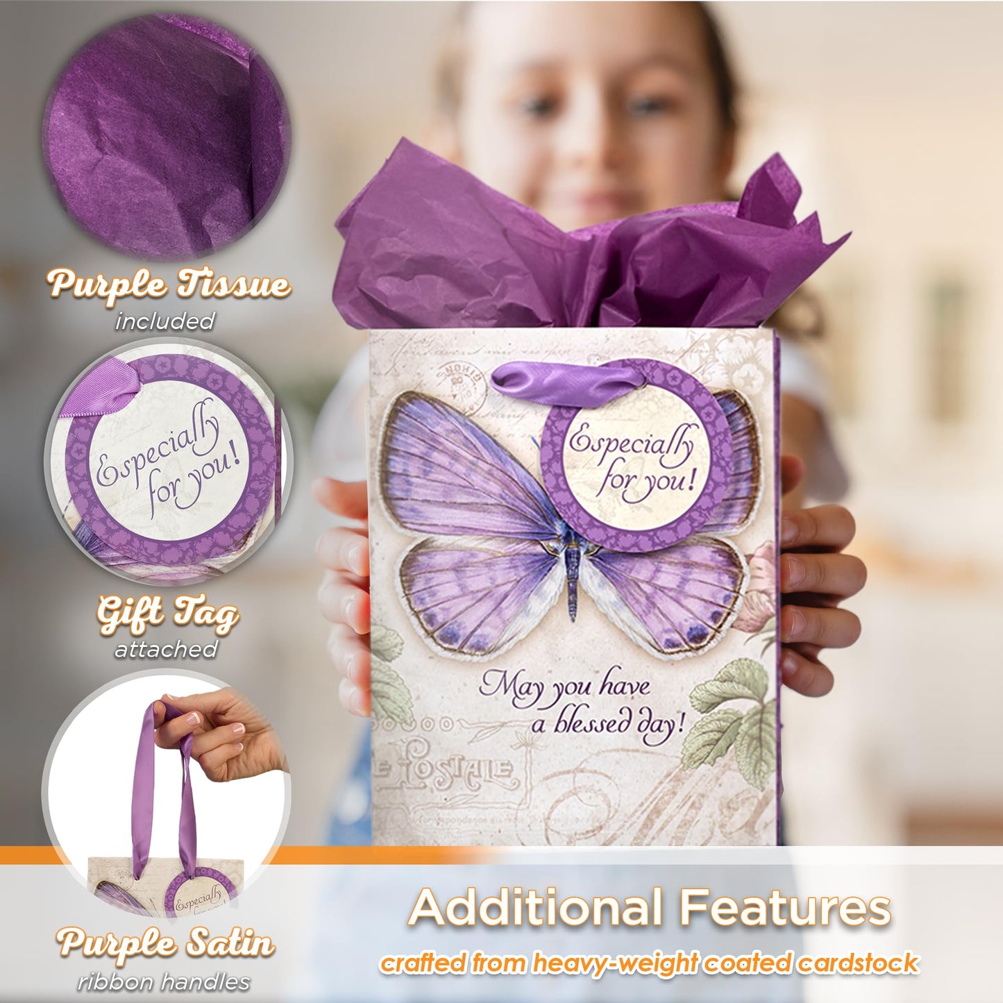 Christian Art Gifts Gift Bag, Card, and Tissue Paper Blessed Day Numbers 6:24 Bible Verse, Purple Butterfly, Small