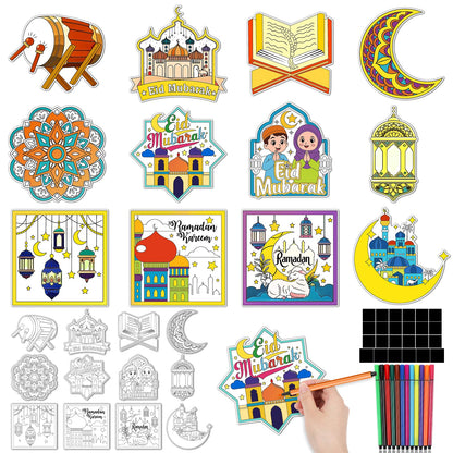 HOWAF 24 PCS Ramadan Crafts Fridge Magnet Kit, Color Your Own Eid DIY Fridge Magnet Include 24 Magnet Paint Pens Eid Mubarak Gifts for Kids Party Supplies Home School Activities