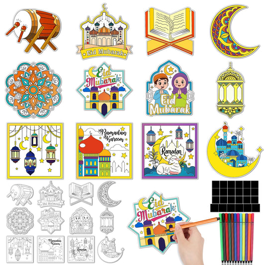 HOWAF 24 PCS Ramadan Crafts Fridge Magnet Kit, Color Your Own Eid DIY Fridge Magnet Include 24 Magnet Paint Pens Eid Mubarak Gifts for Kids Party Supplies Home School Activities