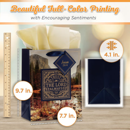Christian Art Gifts Gift Bag/Tissue Paper Set Trust In The Lord Always Isaiah 26:4 Bible Verse, Blue/Gold, Medium