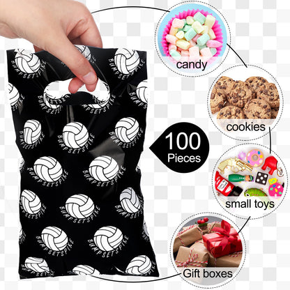Teling 100 Pcs Volleyball Gift Bags with Handles 9.84 x 6.3 Inch Volleyball Cellophane Party Treat Candy Goodie Bags for Sport Theme Birthday Party Favor Decoration Supplies(Black)
