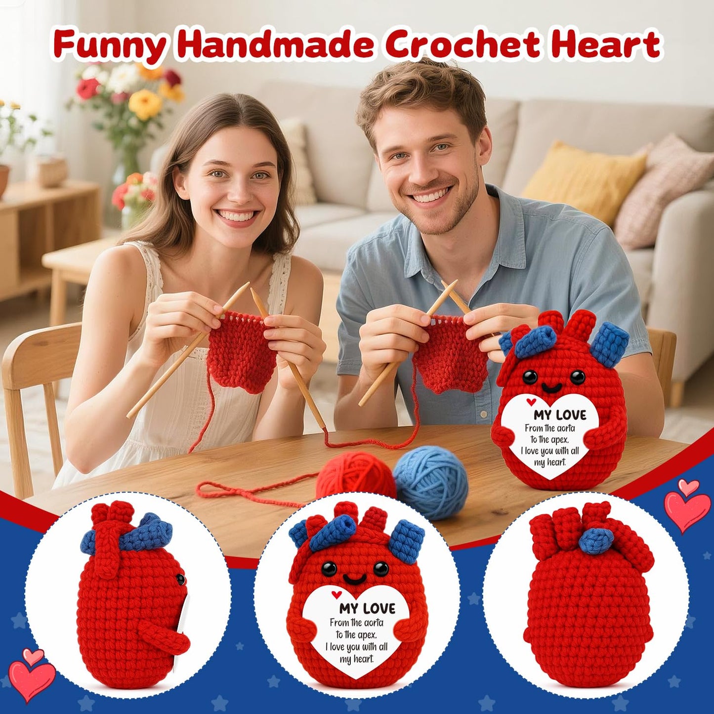 I Love You Gift for Her Him Boyfriend Girlfriend,Funny Handmade Crochet Anatomical Heart Gifts for Women Men Husband Wife,Birthday Wedding Anniversary Romantic Gift for Couple