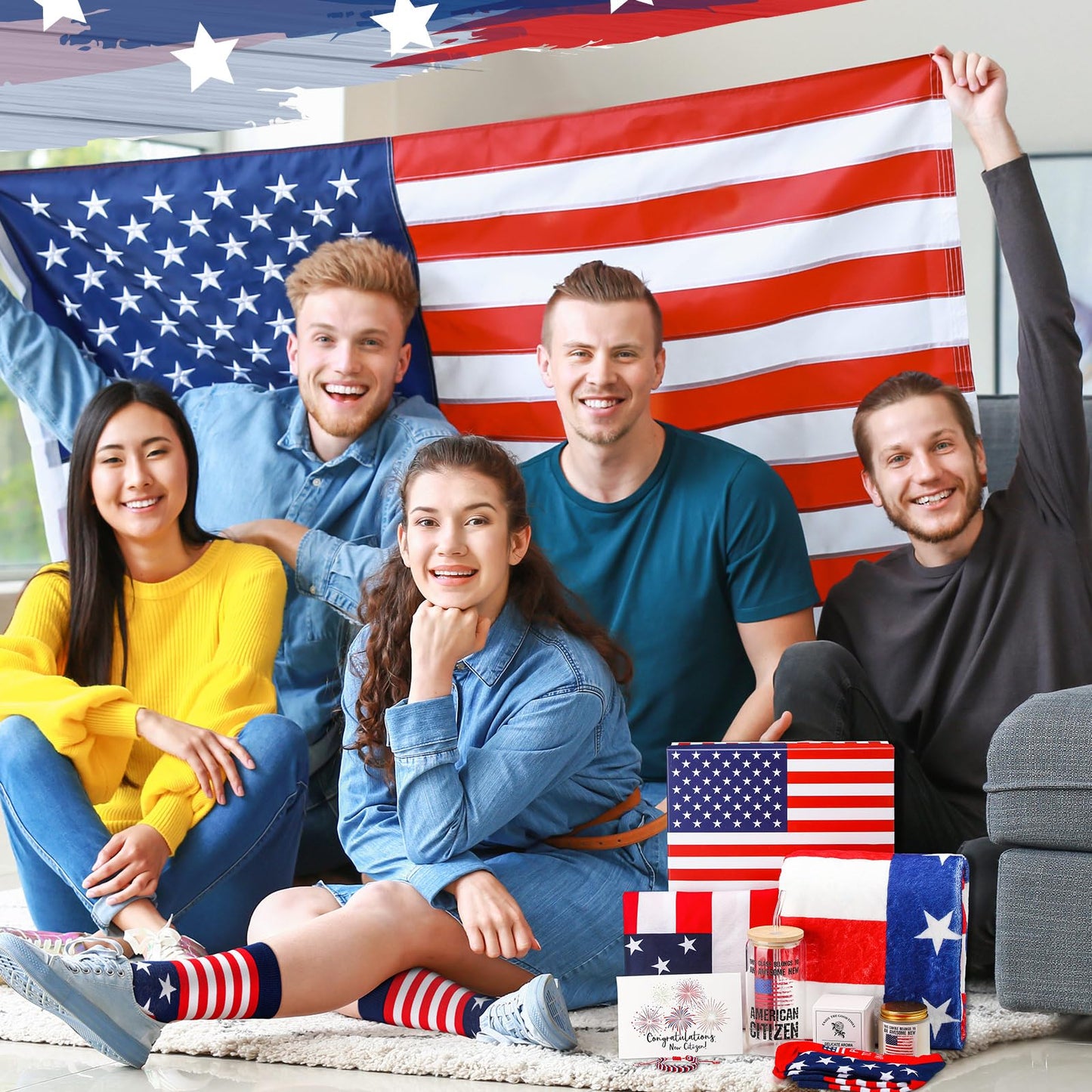Nuanchu 8 Pcs New Us Citizenship Gifts American Flag Gifts Set with Citizen Glass Candle American Flag Blanket Sock Bandana Bracelet Patriotic Gift Box Congratulations Card for Veterans
