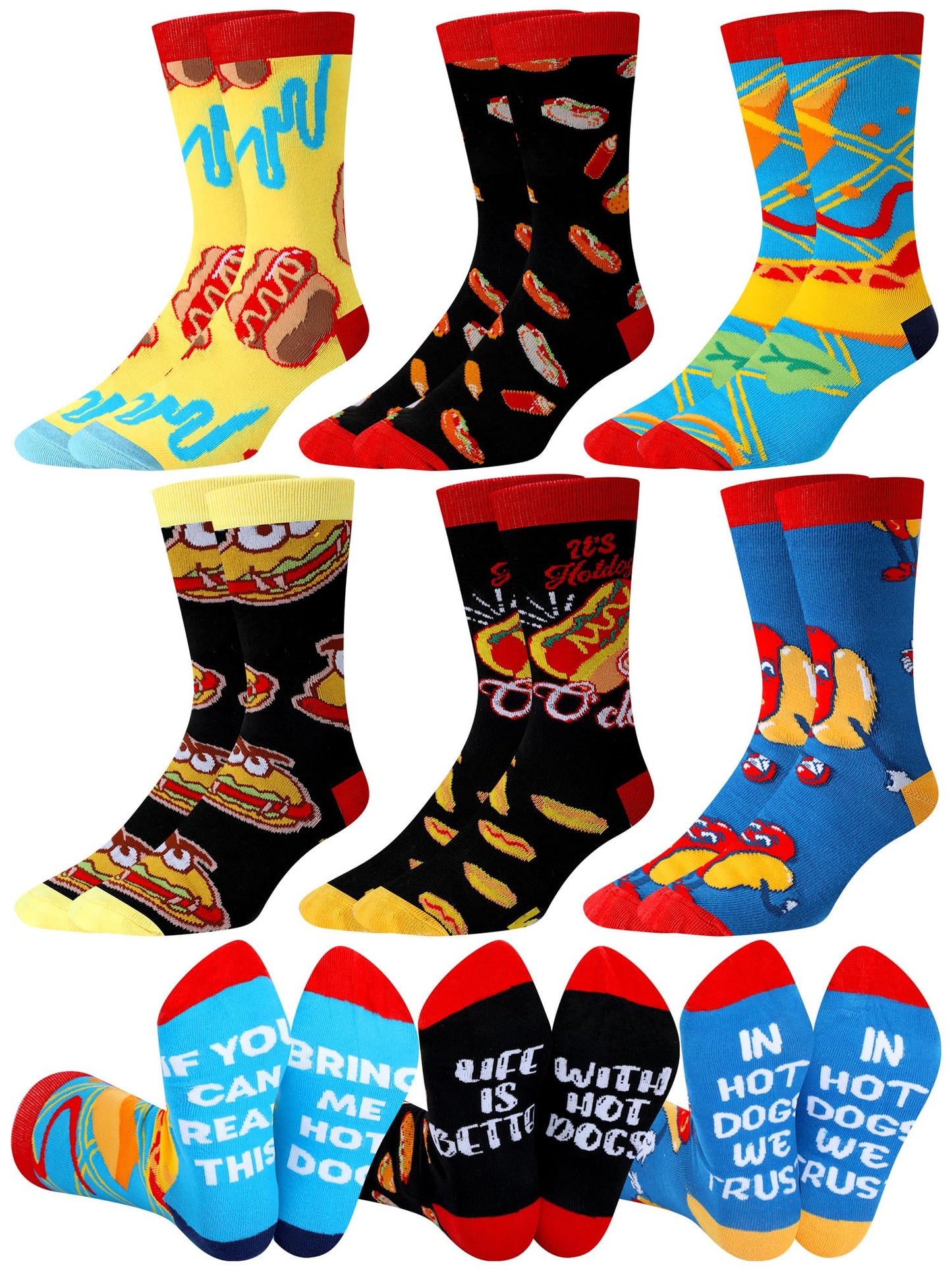 Haysandy 6 Pairs Funny Food Socks for Men Novelty Snack Lover Gift Crazy Design Socks for Pepper Bacon Hot Dogs Burger Pizza