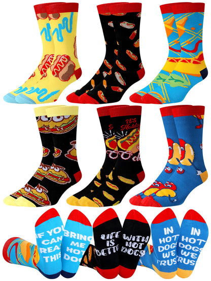 Haysandy 6 Pairs Funny Food Socks for Men Novelty Snack Lover Gift Crazy Design Socks for Pepper Bacon Hot Dogs Burger Pizza