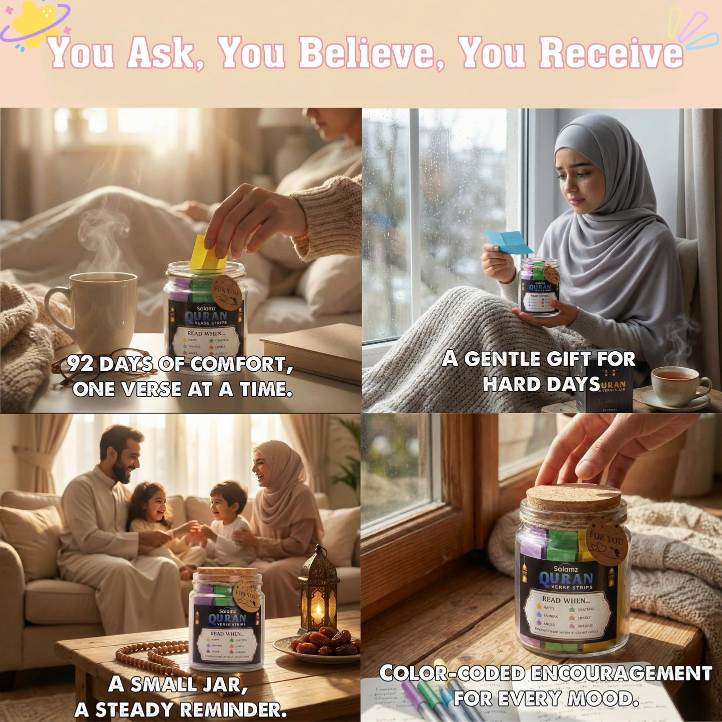 Quran Verses Jar – 92 Inspirational Islamic Quotes for Reflection & Gratitude | Ramadan Gift, Muslim Gift for Women & Men, Prayer Jar, Faith-Based Decor, Eid & Daily Affirmations
