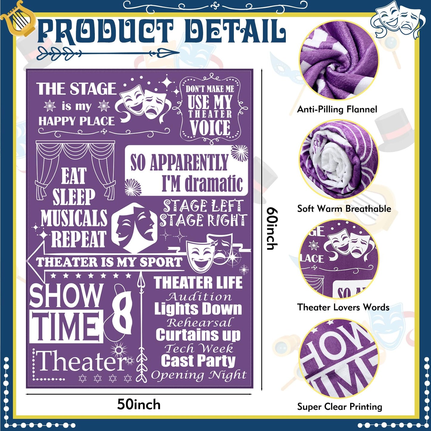 HunnmingRe 2 Pcs Theater Lovers Gifts for Girls Women Men Movie Musical Theater Drama Throw Blankets and Socks Gifts 50" x 60" for Actors Broadway Favors