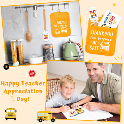 Bus Driver Appreciation Gift Set - R HORSE 3Pcs Thank You Bus Driver Gift Yellow Pot Holder with Silicone Spatula and Greeting Card Heat Resistant Oven Mitts for Bus Driver Retirement Teacher Day Gift