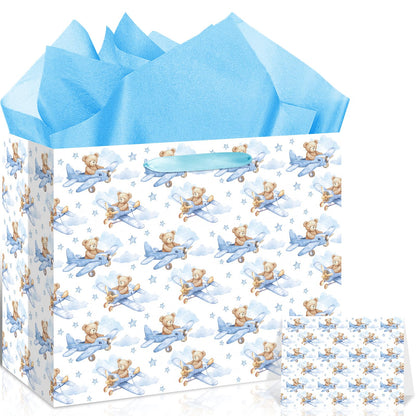 Baby Boy Gift Bag Baby Shower Bags for Boys Kids Blue Bear Wrapping Paper Bag with Handle Tissue Paper and Greeting Card for Kids Birthday Party Decorations Newborn Celebration Favors