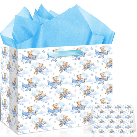 Baby Boy Gift Bag Baby Shower Bags for Boys Kids Blue Bear Wrapping Paper Bag with Handle Tissue Paper and Greeting Card for Kids Birthday Party Decorations Newborn Celebration Favors