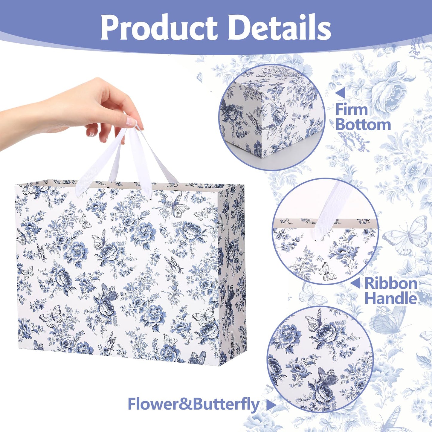woric 14.5" Large Bridal Shower Gift Bag, Blue Floral Wedding Gift Bag with Greeting Card and Tissue Paper for Women Wedding Engagement Gifts