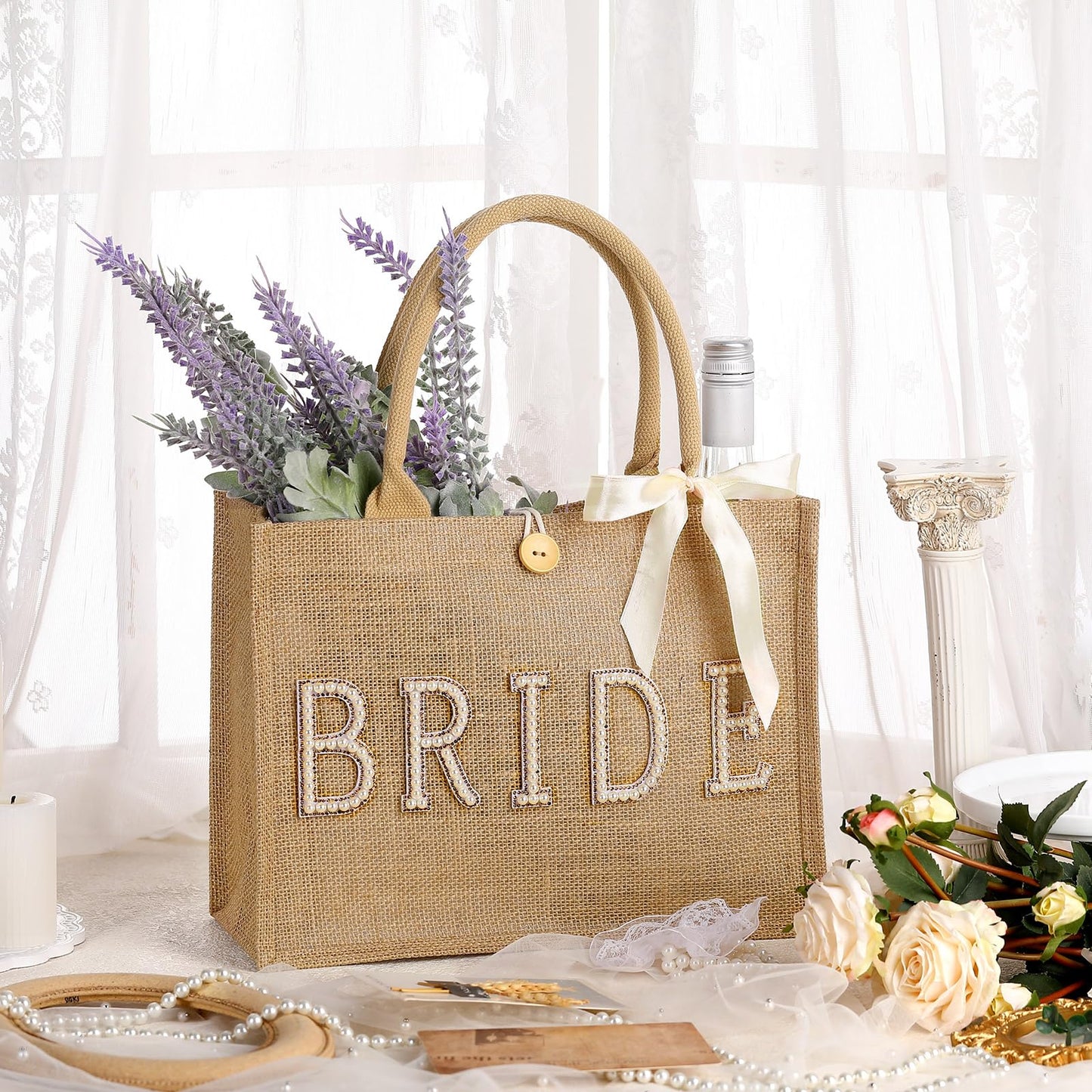 Silkfly Wedding Bride Tote Bag Bridal Shower Gift Beach Jute Tote Bag with Ribbon for Bachelorette Party Favors Supplies(Gold Edges,Bride)