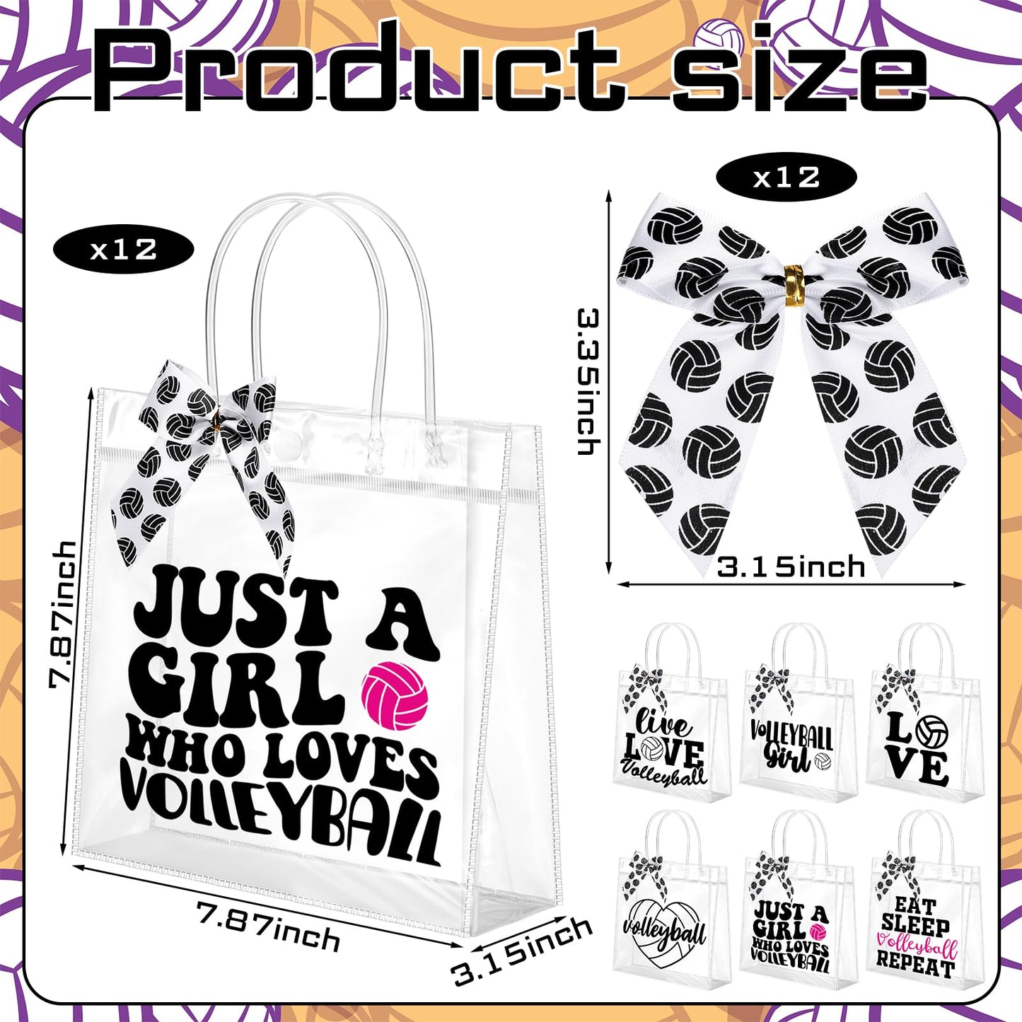 Vicenpal 12 Sets Clear Volleyball Gift Bag with Handles 12 Pcs Bows PVC Plastic Volleyball Treat Goodie Snack Bags 7.9 x 7.9 x 3.1'' Sport Theme Party Favors for Birthday Holiday Sports Team Gifts