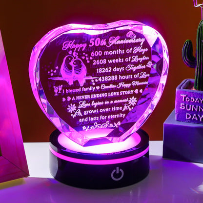 YWHL 50th Wedding Anniversary Crystal Heart Gifts for Parents Couple, Laser Engraved Romantic 50 Year Anniversary Crystal Keepsake Gifts for Wife Husband, 50 Years of Marriage Gift for Her Him