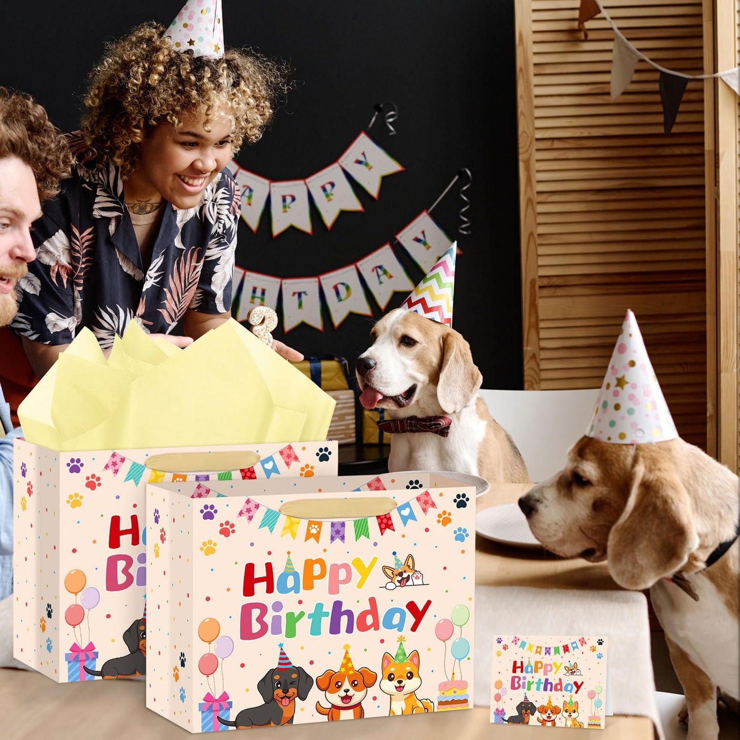 Hooqict Large Dog Gift Bag Dog Birthday Gift Bag with Handles, Tissue Paper, Greeting Card for Kids Boys Girls Pet Puppy Themed Birthday Party Decorations Supplies