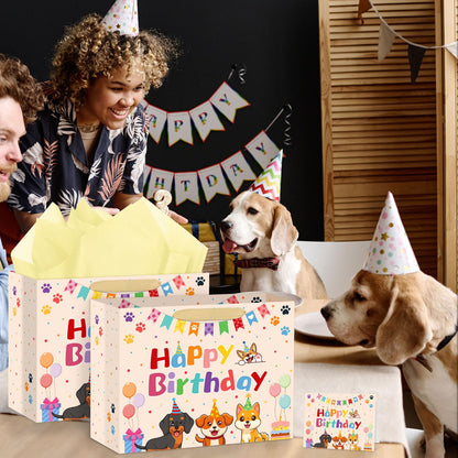 Hooqict Large Dog Gift Bag Dog Birthday Gift Bag with Handles, Tissue Paper, Greeting Card for Kids Boys Girls Pet Puppy Themed Birthday Party Decorations Supplies