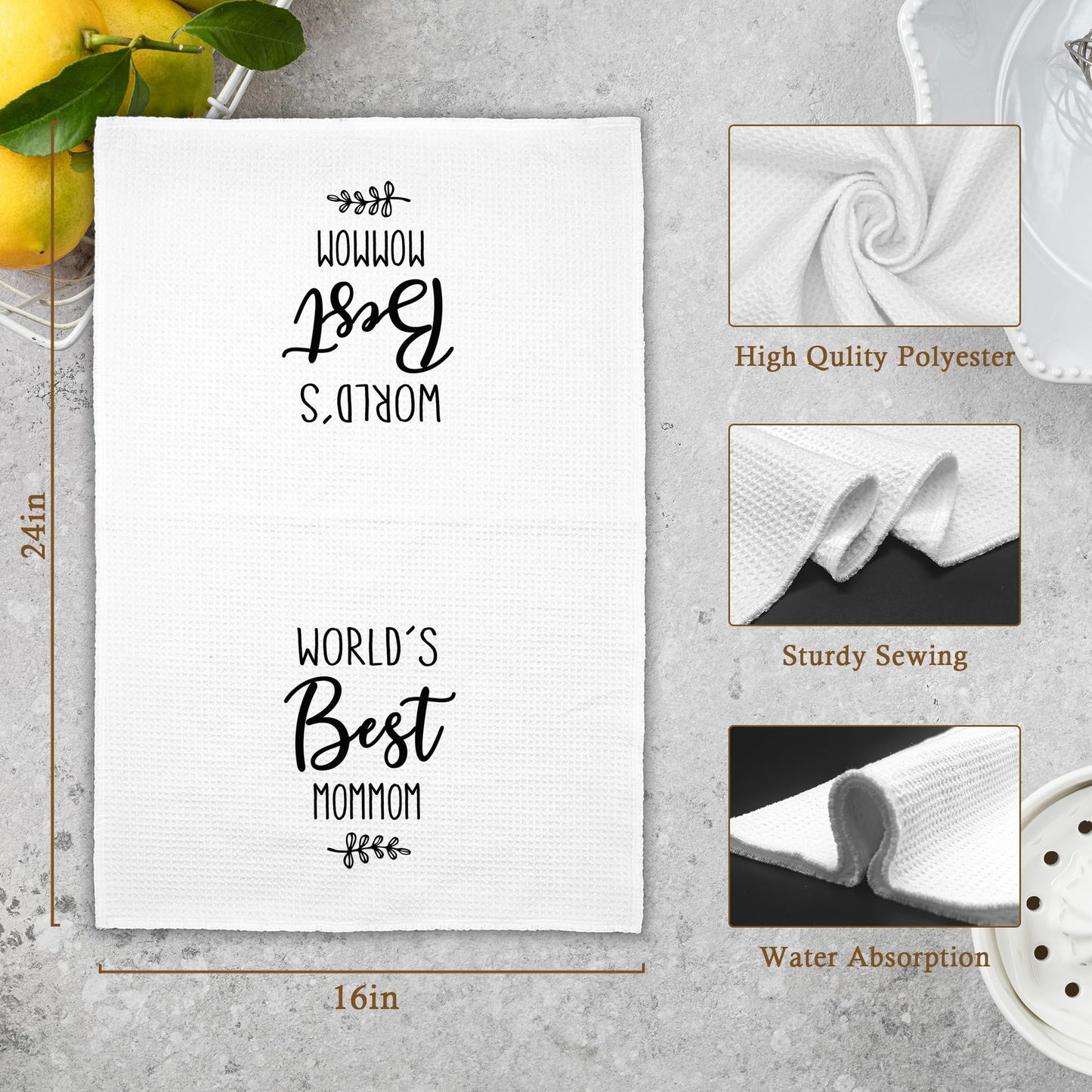 World's Best Mommom Gifts Kitchen Towels, Christmas Bathroom Hand Towels Gifts for Grandma Birthday Mother's Day, Rustic Leaf Black and White Minimalist Tea Dish Towel Decor 16x24in