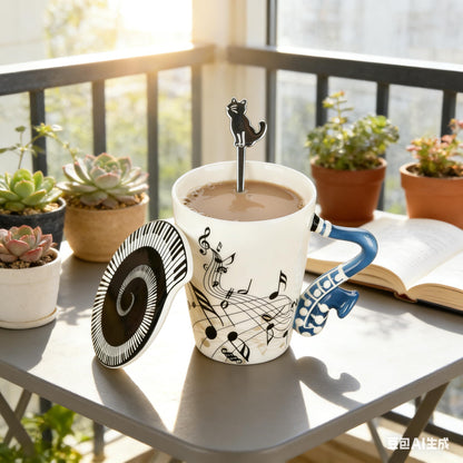 Saxophone Novelty Mug Unique Musical Gift Ceramic Tea Coffee Cup with Cool Music Themed Lid and Spoon,Birthday Holiday Gift for Musician,Women,Men,Teacher
