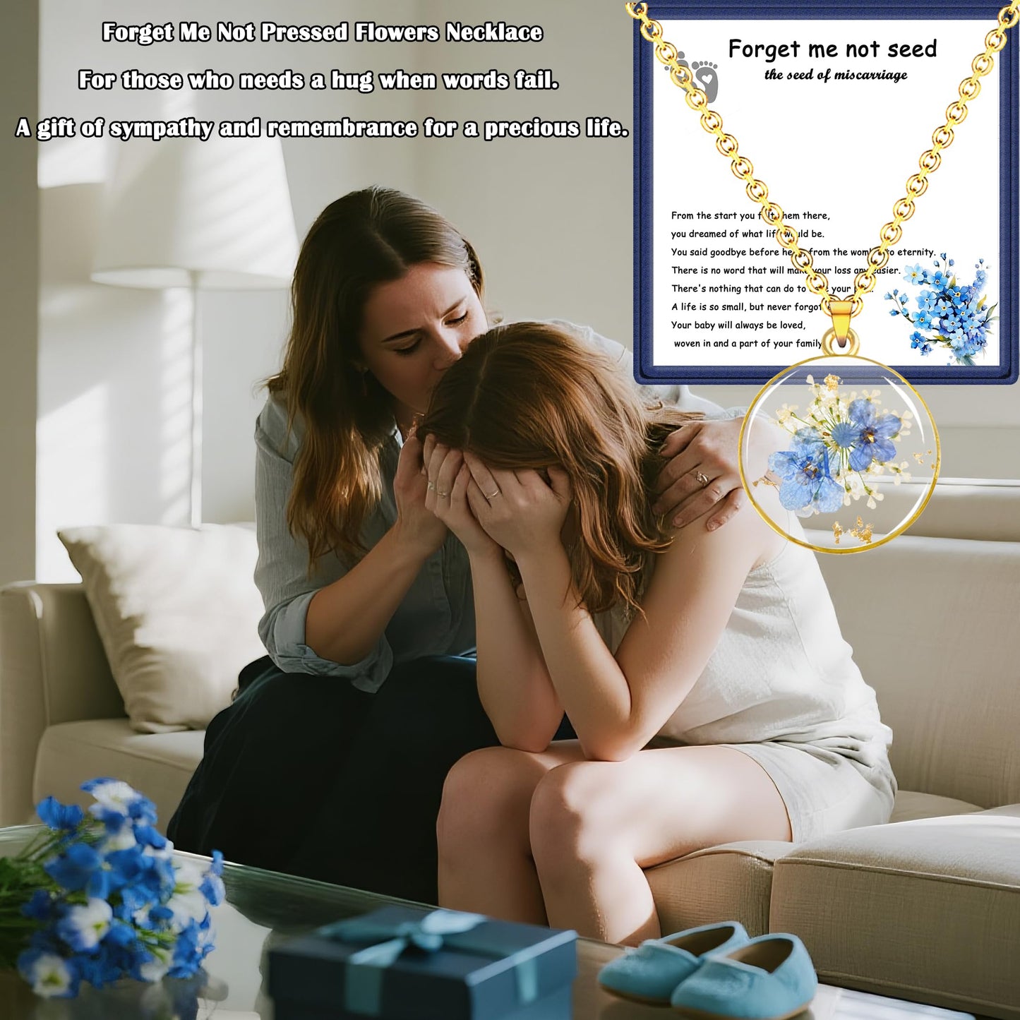 Miscarriage Gifts for Mothers, Forget Me Not Pressed Flowers Necklace, Baby Loss Grief Sympathy Gift for Women, Child Loss Memorial Gifts Jewelry