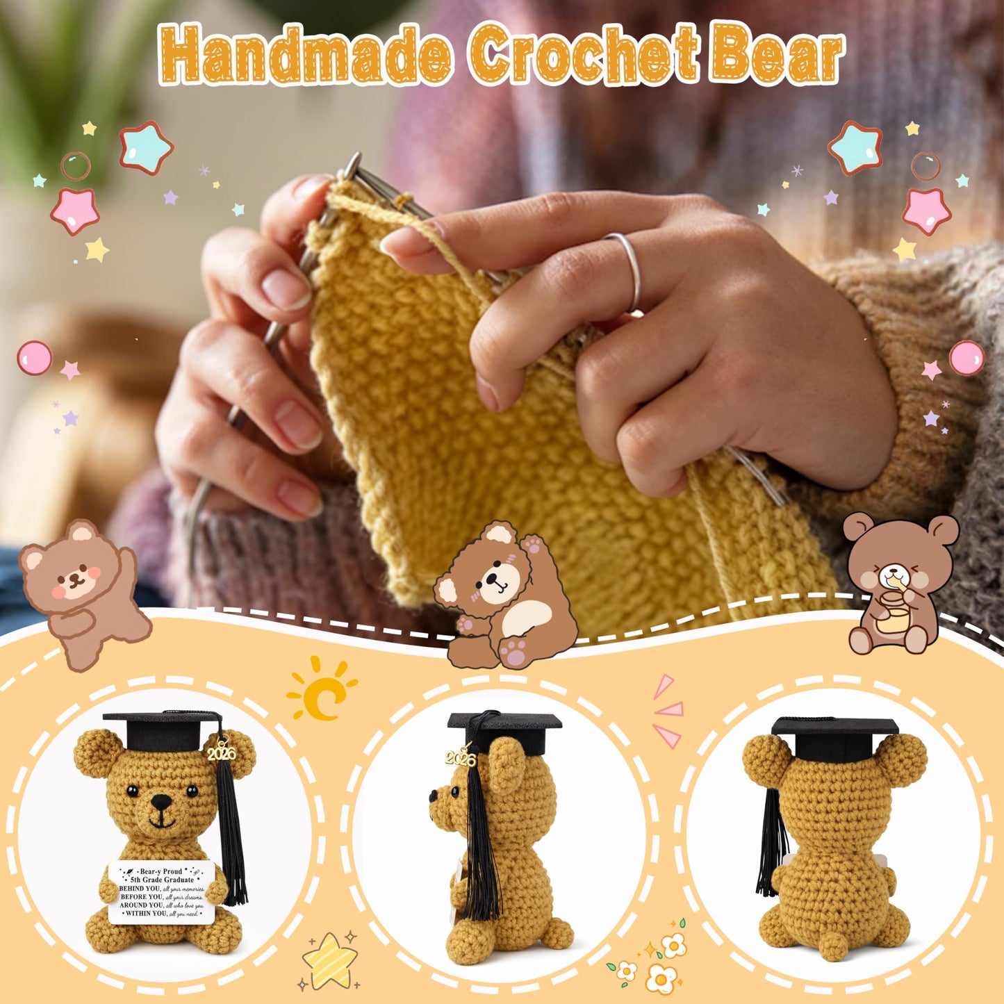 JoycuFF 5th Grade Graduation Gifts, Mini Positive Crochet Bear, 5th Grade Gifts for Students Granddaughter Daughter Best Friends, Handmade Emotional Support Animals Grad Gifts