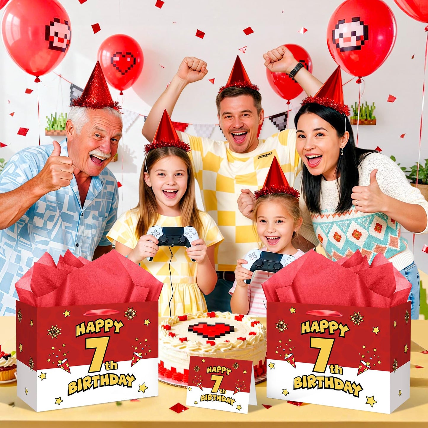 7th Birthday Gift Bag for Boys Red and White Comic Style Wrapping Paper Bag with 3 Sheets Tissue Paper Greeting Card for 7 Year Old Kids Birthday Party Decorations Gamer Themed Party Supplies