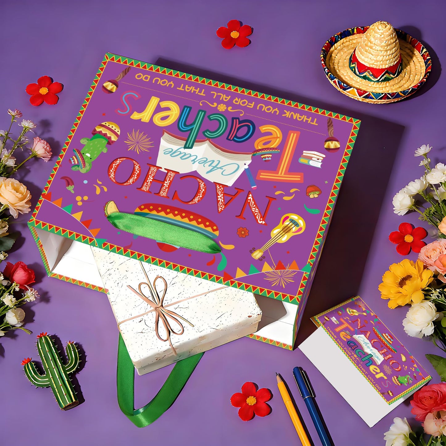 Woosytoo Nacho Average Teacher Appreciation Gift Bag with Wrapping Paper Card Mexican Fiesta Teacher Appreciation Week End of Year Thank You Gifts for Women Men Educators Daycare Tutors Best Presents