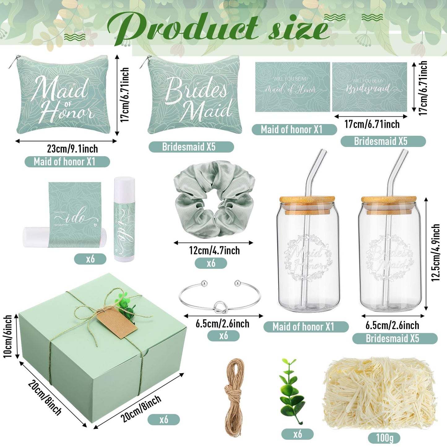 FillTouch 54 Pcs Bridesmaid Proposal Gifts, Will You Be My Bridesmaid, Maid of Honor Bride Gifts Include Gift Box Makeup Bag Invited Card Glass Cup Lip Balm Scrunchie Knotted Bracelet(Green)