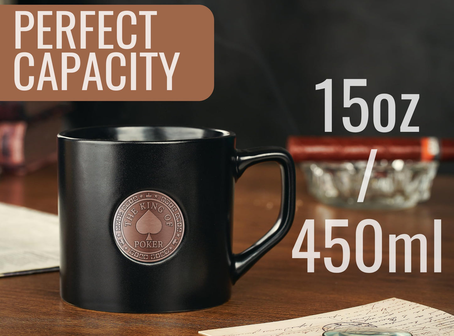 Onebttl Poker Gifts for Men & Women, Funny Poker Gifts for Poker Lovers & Player, Friends, Family, Coworkers, 15 oz Black Ceramic Coffee Mug with a Metal Badge, The King of Poker - Bronze Color Badge