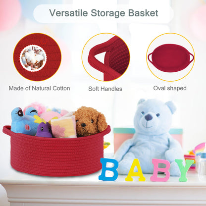 COMSE Small Woven Basket with Gift Bags and Ribbons, Gift Basket Empty, Cotton Rope Storage Organizer, Baby Toy Box with Handles, 12" x 8" x 5", Red
