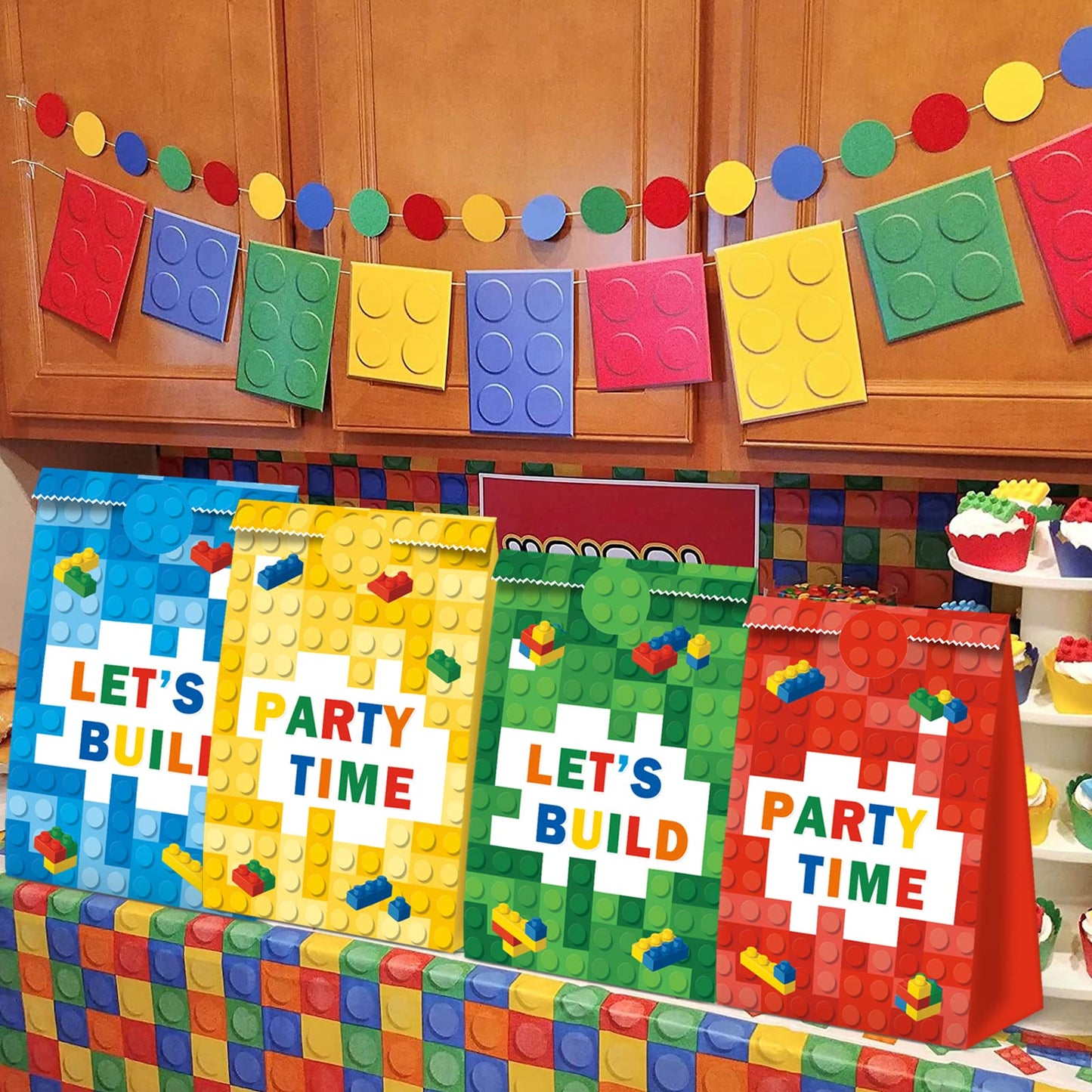 24Pcs Building Block Favor Bags Bricks Candy Treat Paper party Bags Goodie Gift Bags for kids Birthday Party Decoration Supplies