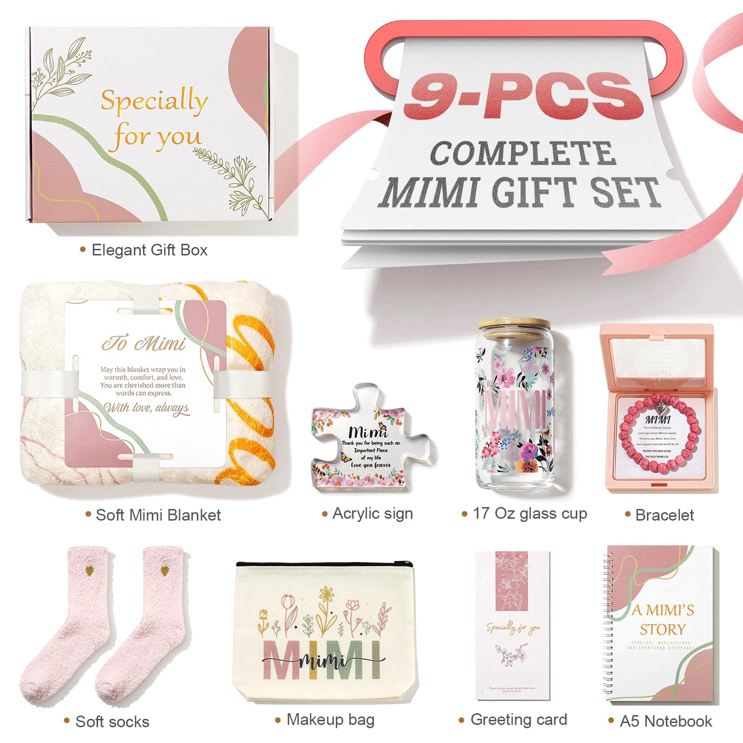 Mimi Gifts for Grandma – 9 Piece Mimi Gifts for Grandma, Thoughtfully Curated Gift Set with Blanket, Glass Cup, Birthday, Christmas from Grandkids