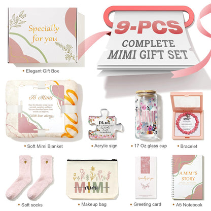 Mimi Gifts for Grandma – 9 Piece Mimi Gifts for Grandma, Thoughtfully Curated Gift Set with Blanket, Glass Cup, Birthday, Christmas from Grandkids