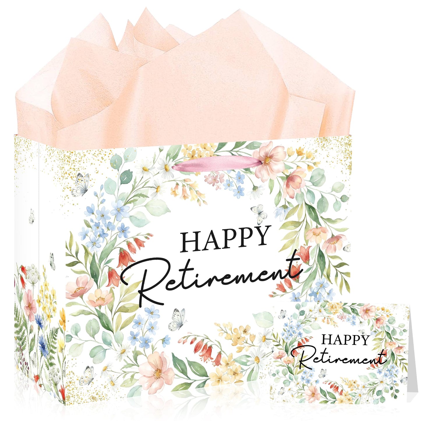 MOIZYNG Retirement Gift Bag with Handles, Tissue Paper and Greeting Card, Floral Happy Retirement Wrapping Paper for Men Women Office Coworker Farewell Going Away Party Favors