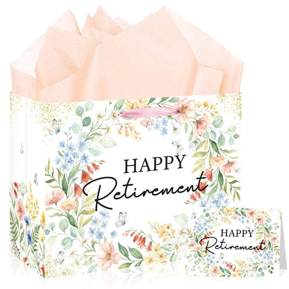 MOIZYNG Retirement Gift Bag with Handles, Tissue Paper and Greeting Card, Floral Happy Retirement Wrapping Paper for Men Women Office Coworker Farewell Going Away Party Favors