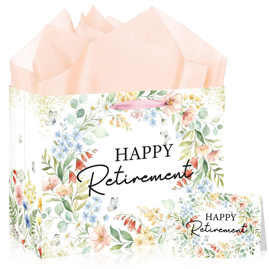 MOIZYNG Retirement Gift Bag with Handles, Tissue Paper and Greeting Card, Floral Happy Retirement Wrapping Paper for Men Women Office Coworker Farewell Going Away Party Favors