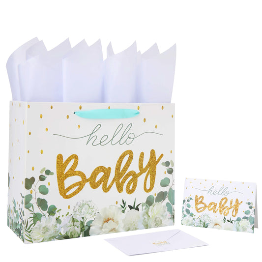 13" Large White Gift Bag Set with Greeting Card and Tissue Papers (Gold Glitter ‘Baby’) for Girls' Birthday Party, Women's Birthday Parties, Baby Shower, Baby Girl or Boy - 13”x5.2”x10.2”, 1 Pcs.
