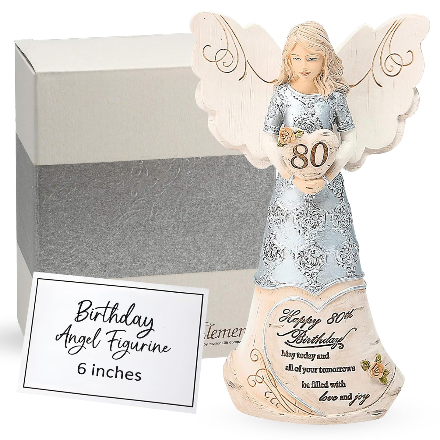 Pavilion 'Happy 80th Birthday' 82475 Elements Angels - Polyresin Birthday Angel Figurine - Silver Hand-Painted Remembrance and Keepsake Gift Angel for Grandmothers, Mothers, Aunts, Friends, Women