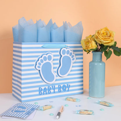 13” Large Baby Boy Gift Bag Set with Handles, Greeting Card, Blue Tissue Papers and Stickers for Boys Kids for Baby Shower, Boys' Birthday Party, Newborn, New Moms, Little One, 1st Baby, 3D Footprints Design, 1 Pcs