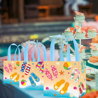 C L cooper life 12pcs Beach Flip-Flop Gift Treat Bags with Handles Summer Party Grocery Shopping Bags Flip-flop Beach Ball Theme Non-Woven Bag for Hello Summer Birthday Party Supplies